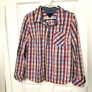 EUC Tommy Hilfiger Women's Plaid Button Down Shirt Red White Blue Size Large